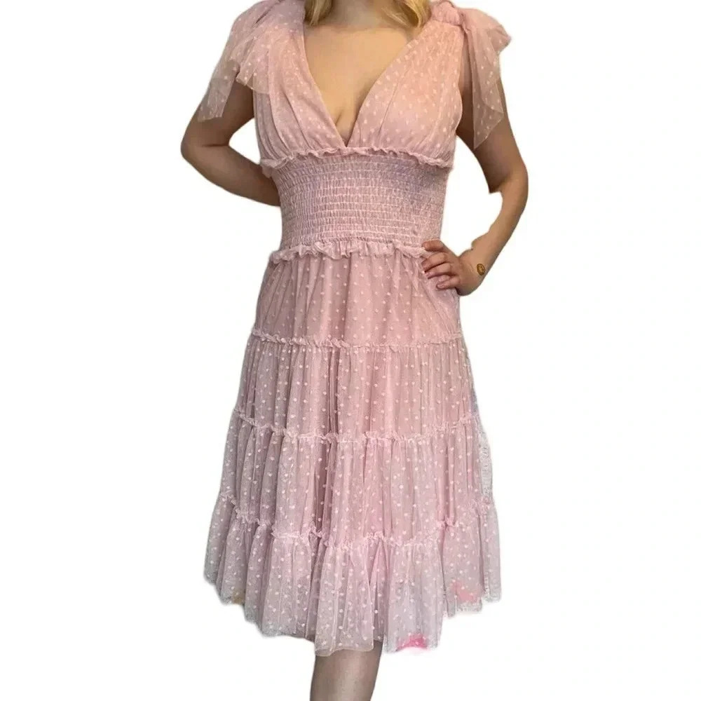 Shein Polka Dot Tulle Midi Dress | Pink | Size L